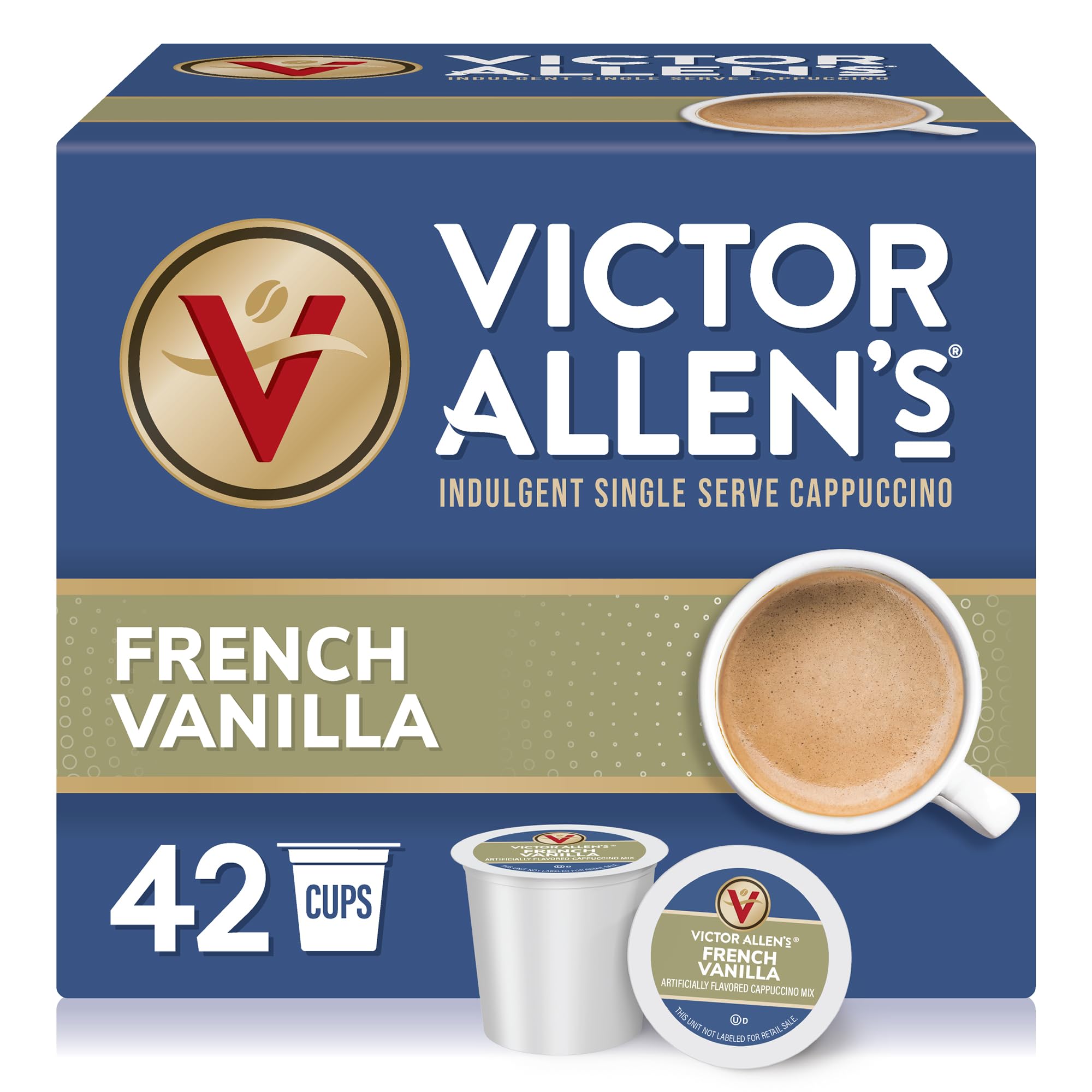 Victor Allen's French Vanilla cappuccino pod close-up emphasizing quick at-home indulgence.