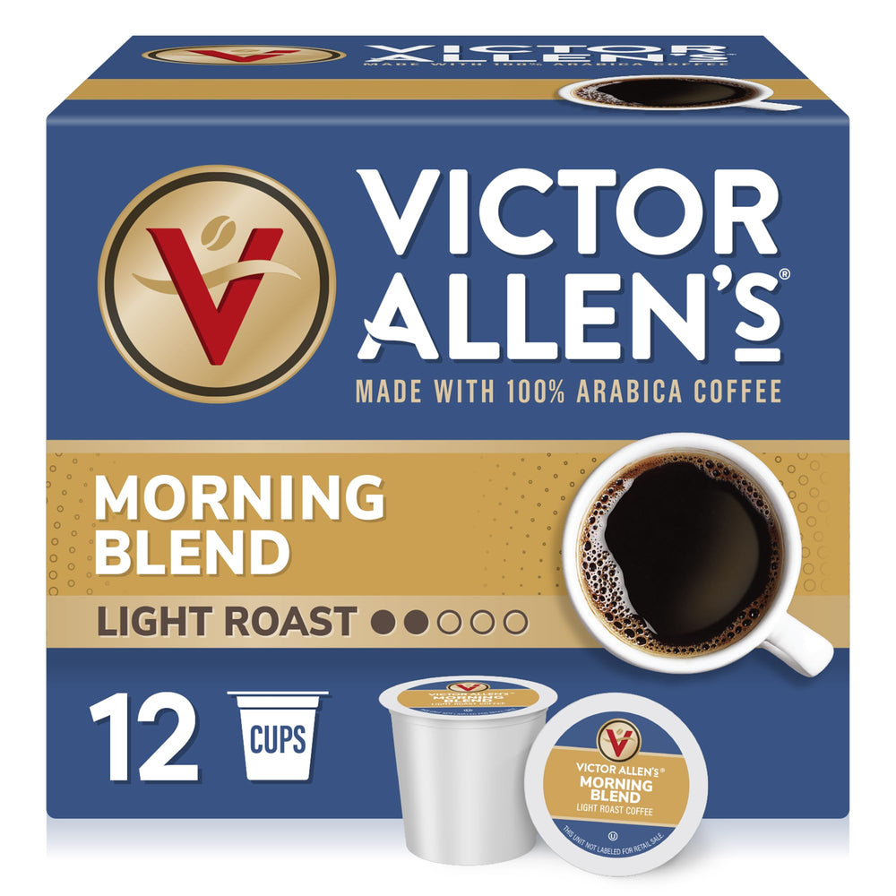 Victor Allen's Morning Blend box with 12 light roast pods for Keurig brewers.