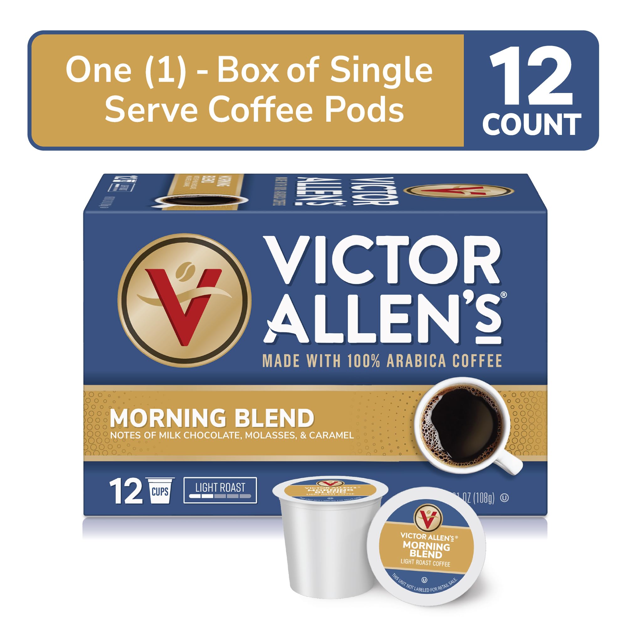 Victor Allen's Morning Blend pod closeup highlighting smooth, mild aroma.