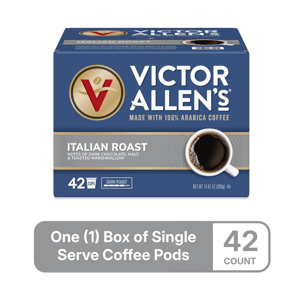 Victor Allen's Italian Roast pods brewing setup suggests quick, mess-free single-serve coffee.
