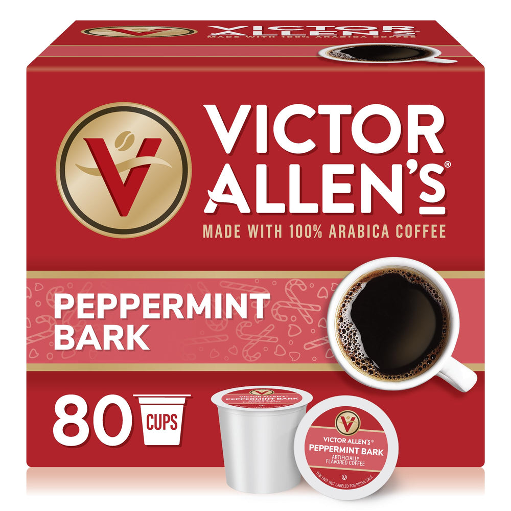 Victor Allen's Peppermint Bark pods box showing festive packaging and flavor options