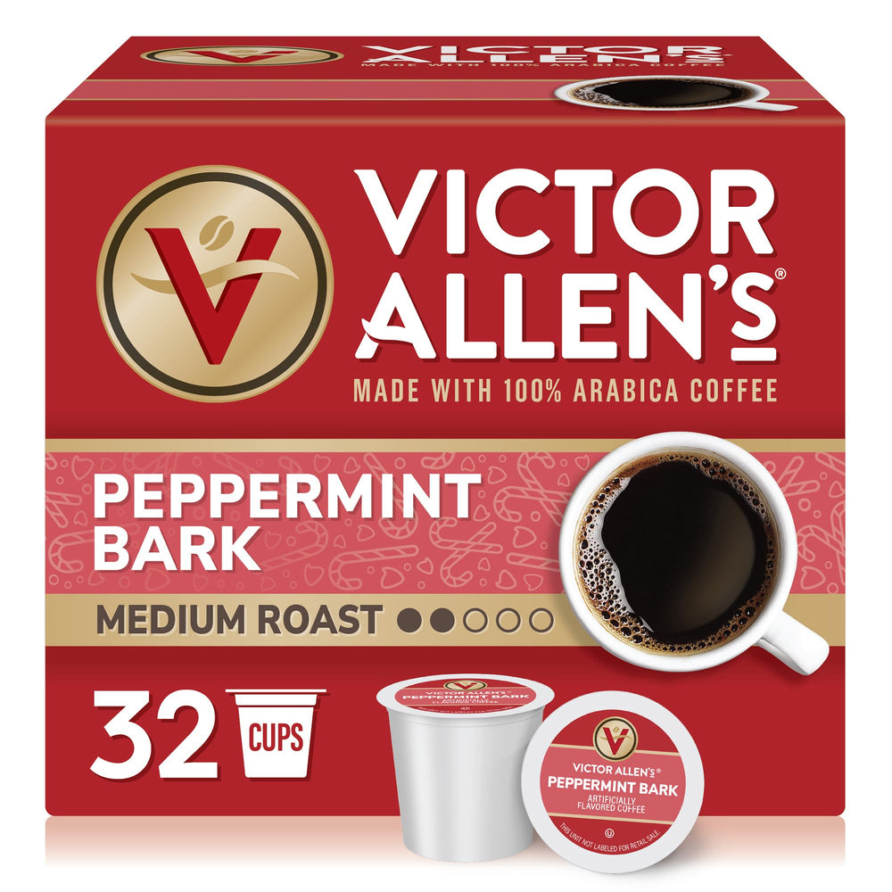 Victor Allen's Peppermint Bark pods in a box, ideal for seasonal mornings.