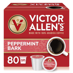 Victor Allen's Peppermint Bark pods box showing festive packaging and flavor options