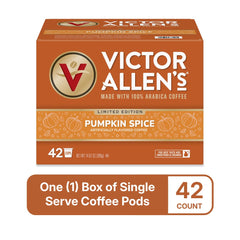 Aromas rise as steam from a cup using Victor Allen's Pumpkin Spice pods.