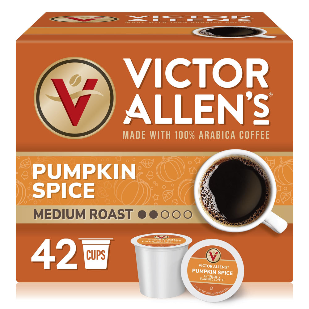 Victor Allen's Pumpkin Spice pods box ready for Keurig brewers with autumn flavor.