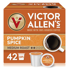 Victor Allen's Pumpkin Spice pods box ready for Keurig brewers with autumn flavor.