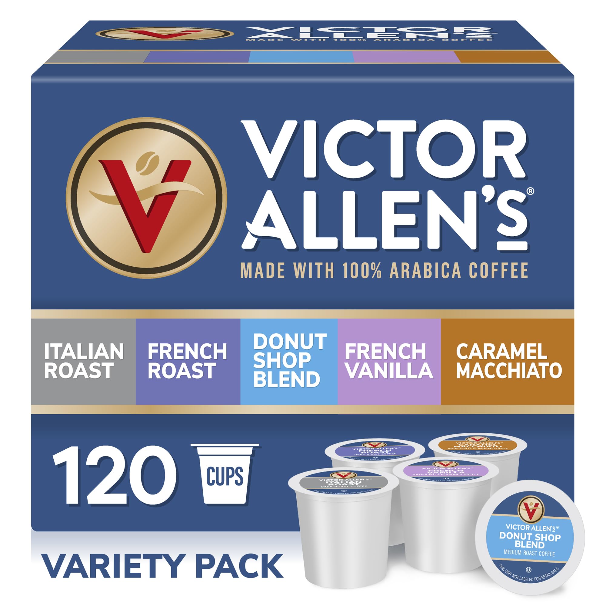 Victor Allen's Variety Pack front view with 120 K-Cup pods for quick mornings.