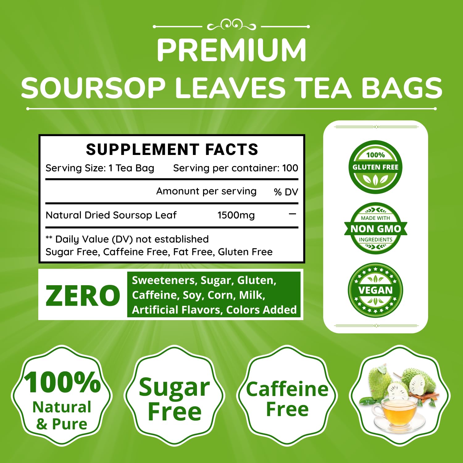 VIDA FARM soursop leaves tea bags closeup highlighting vibrant color and aroma.