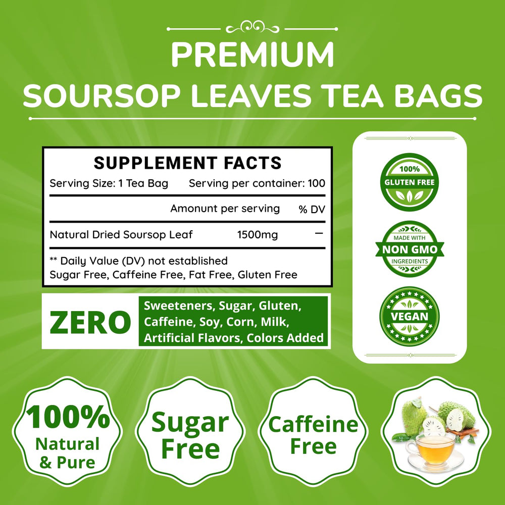 VIDA FARM soursop leaves tea bags closeup highlighting vibrant color and aroma.