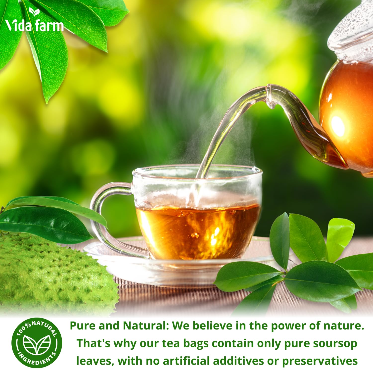 VIDA FARM vacuum-sealed tea bags keep soursop fresh during brewing.