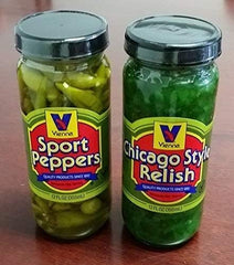 Vienna Beef relish bottle, glossy 12oz jar, perfect for topping Chicago dogs.