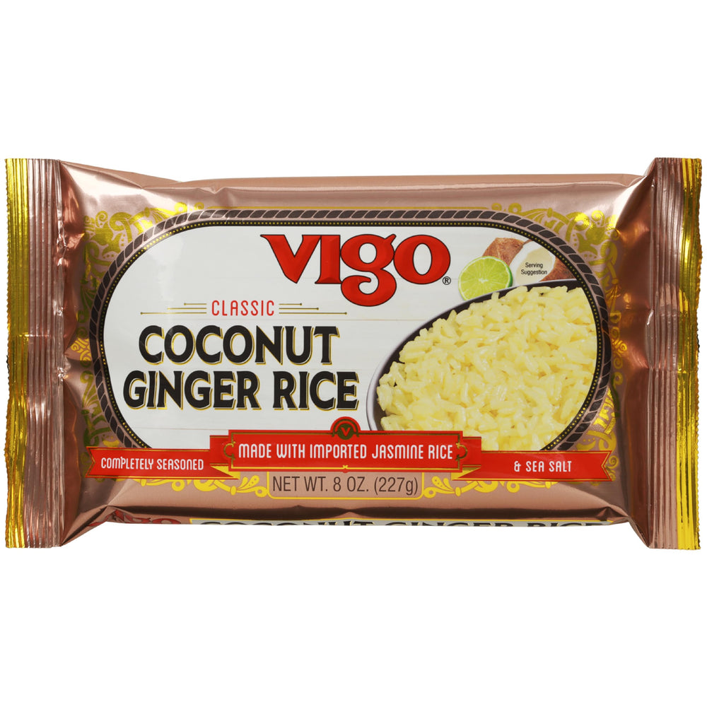 Vigo Coconut Ginger Rice closeup shows ginger chunks and grains.