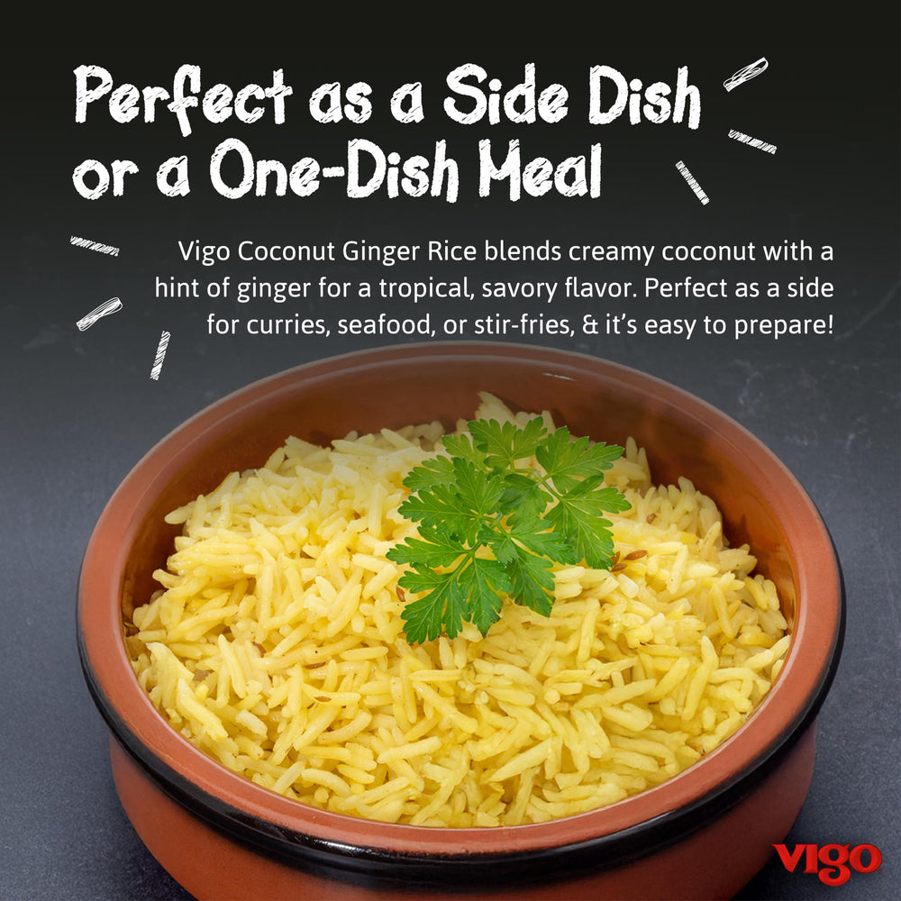 Vigo Authentic Coconut Ginger Rice jasmine grains highlight premium quality.
