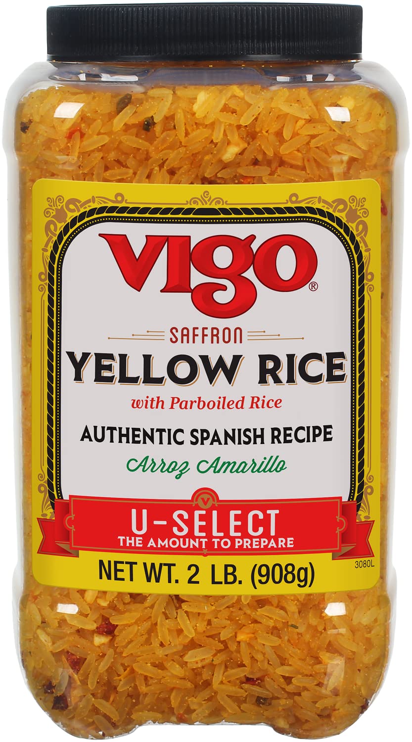 Vigo saffron yellow rice package on kitchen shelf, ready to heat