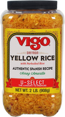 Vigo saffron yellow rice package on kitchen shelf, ready to heat