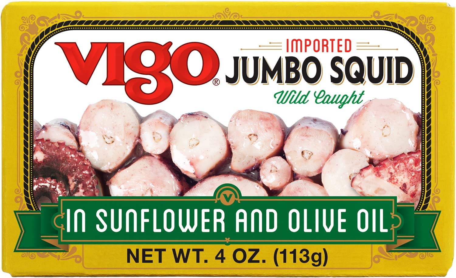 Vigo jumbo squid in sunflower olive oil can on shelf, ready for quick meals