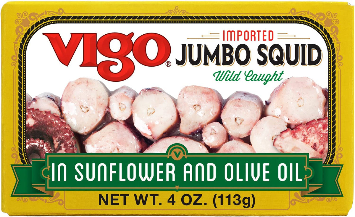 Vigo jumbo squid in sunflower olive oil can on shelf, ready for quick meals