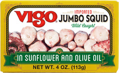 Vigo jumbo squid in sunflower olive oil can on shelf, ready for quick meals