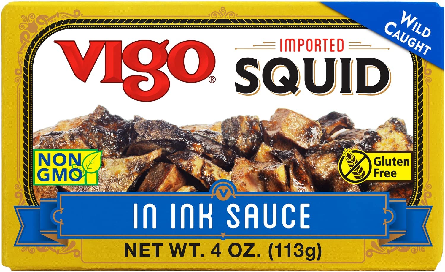 Vigo squid in ink sauce cans arranged for quick pantry meals.