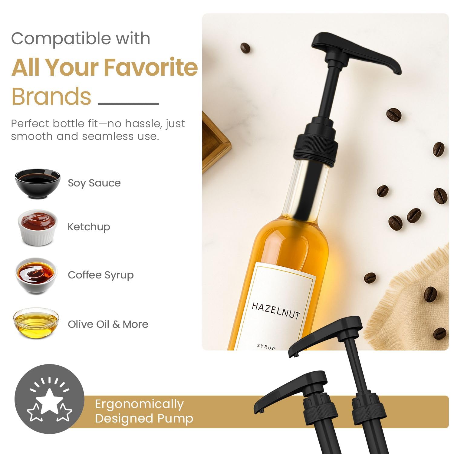 VIGOR PATH Torani-compatible pumps for plastic 750ml bottles enable quick, clean syrup dispensing.