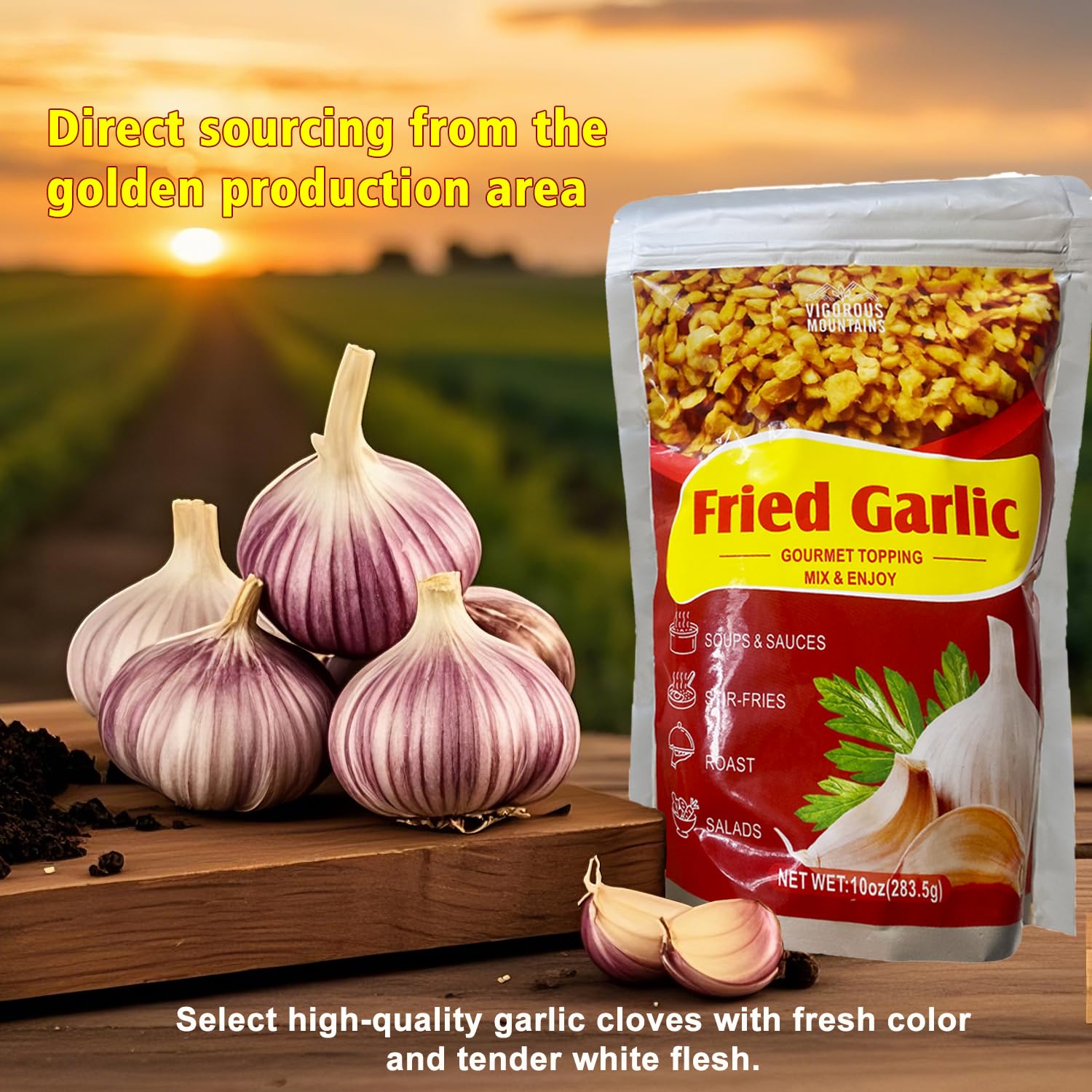VIGOROUS MOUNTAINS garlic flakes pouring into a hot pan