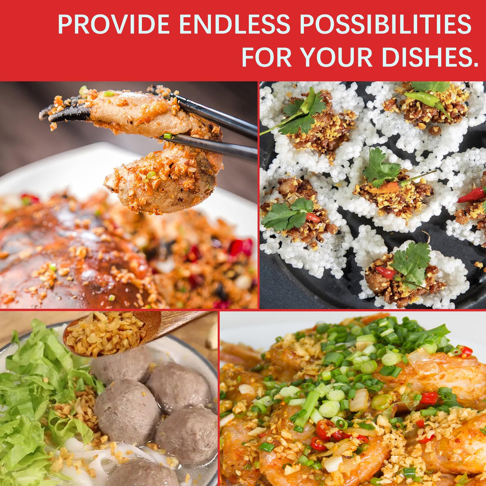 VIGOROUS MOUNTAINS fried garlic in a sizzling stir-fry