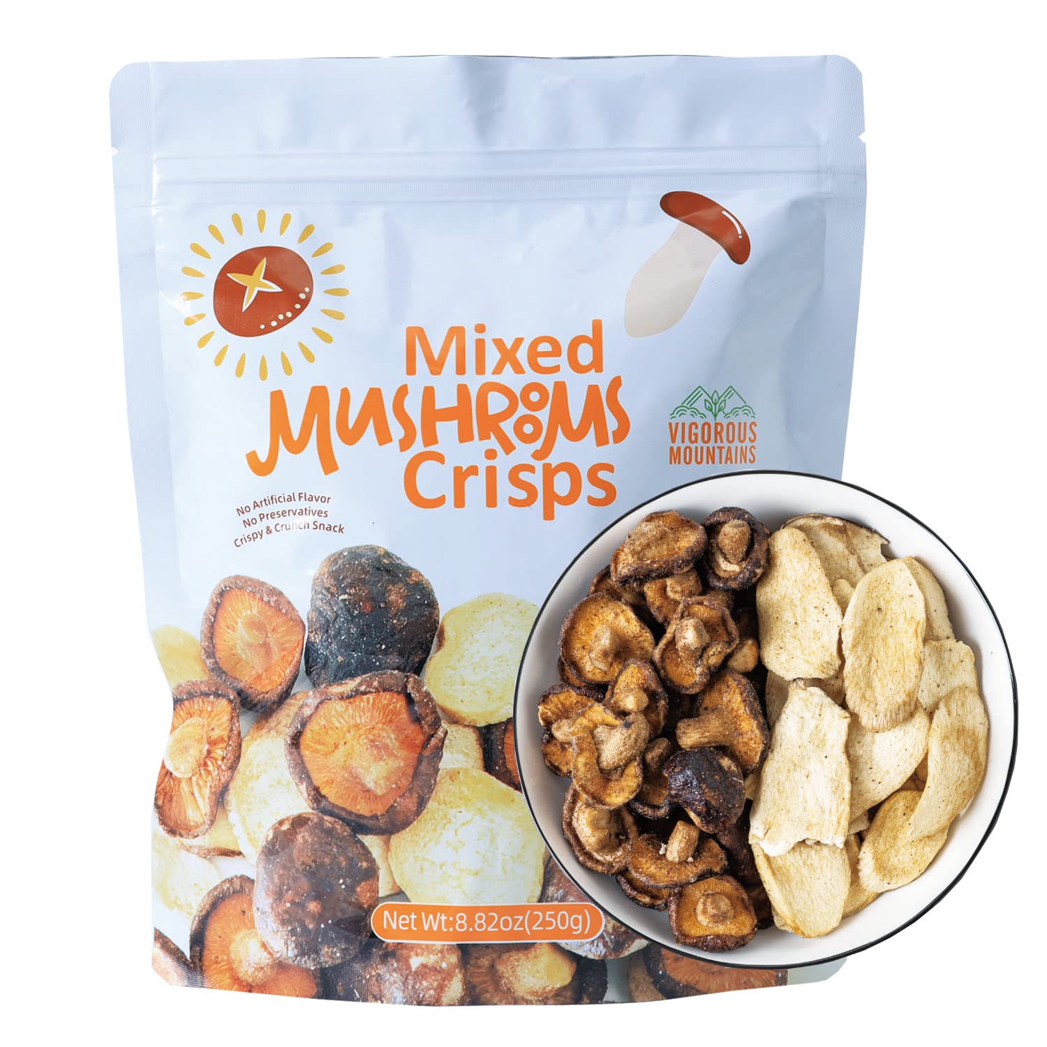VIGOROUS MOUNTAINS mushroom chips pack 250g for on-the-go snacking.