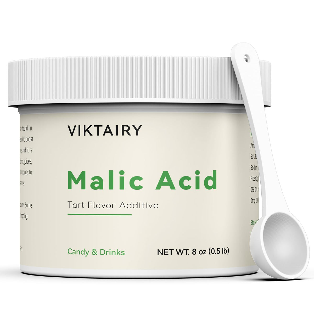 Viktairy 8 oz malic acid powder jar showing tart flavor for candies and beverages
