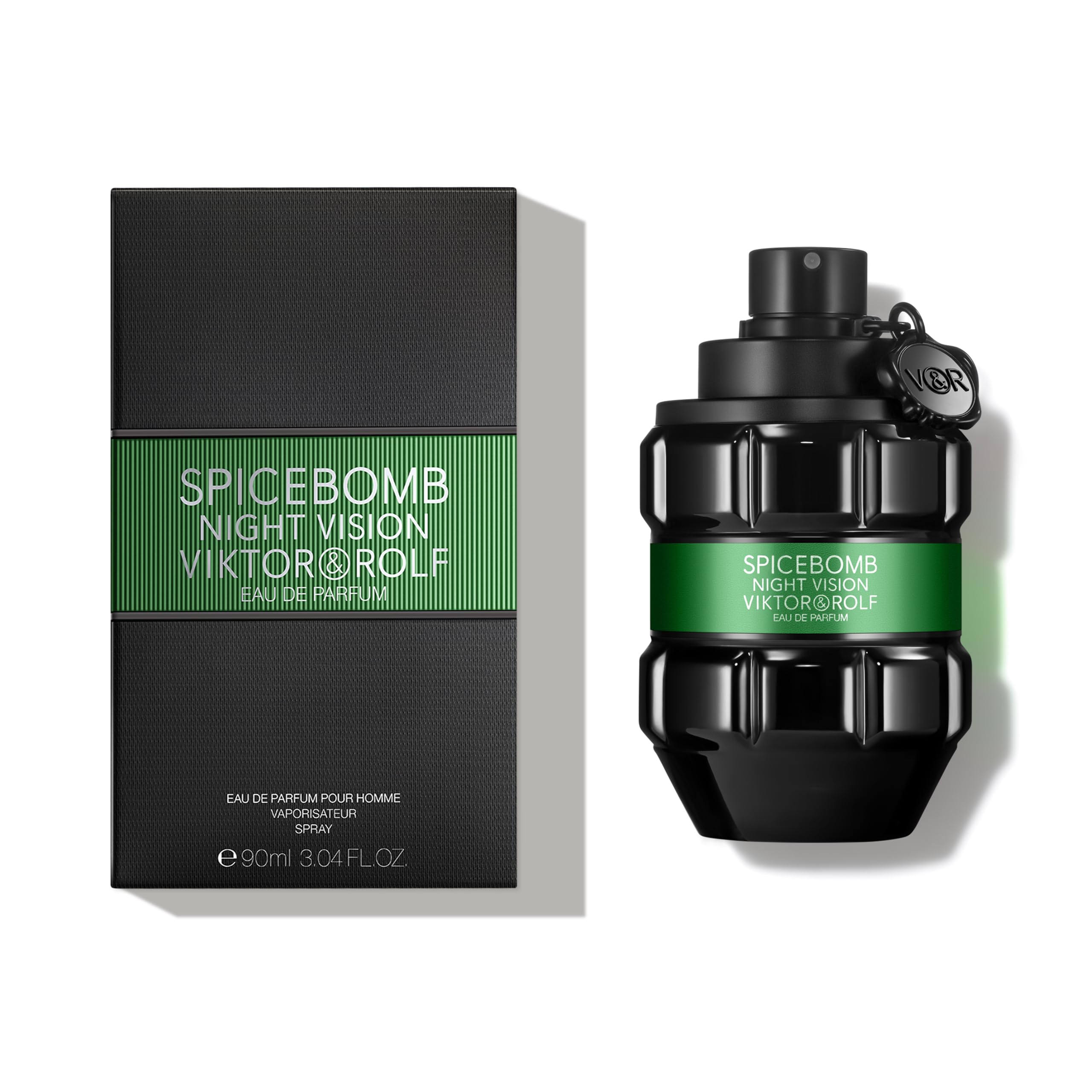 Viktor Rolf Spicebomb Night Vision bottle side view, sleek masculine silhouette