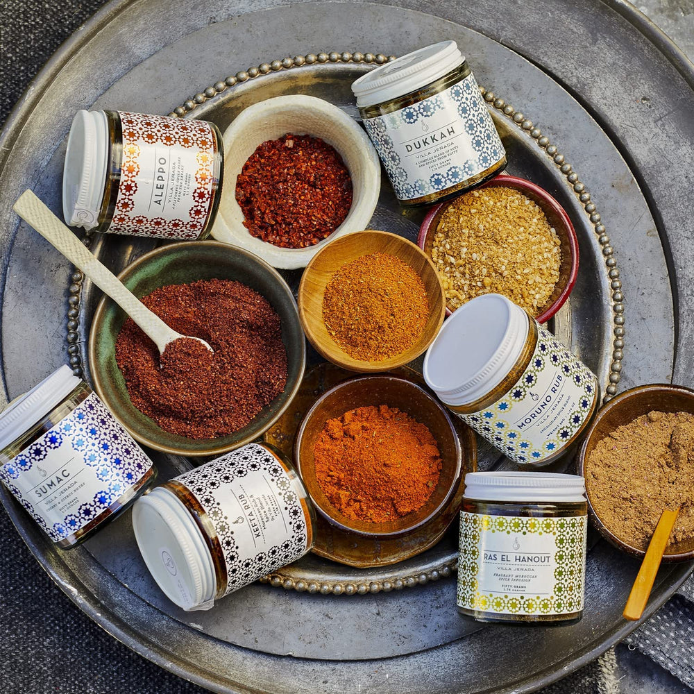 Traditional serving with boiled eggs, olive oil, and bread using Villa Jerada Dukkah.