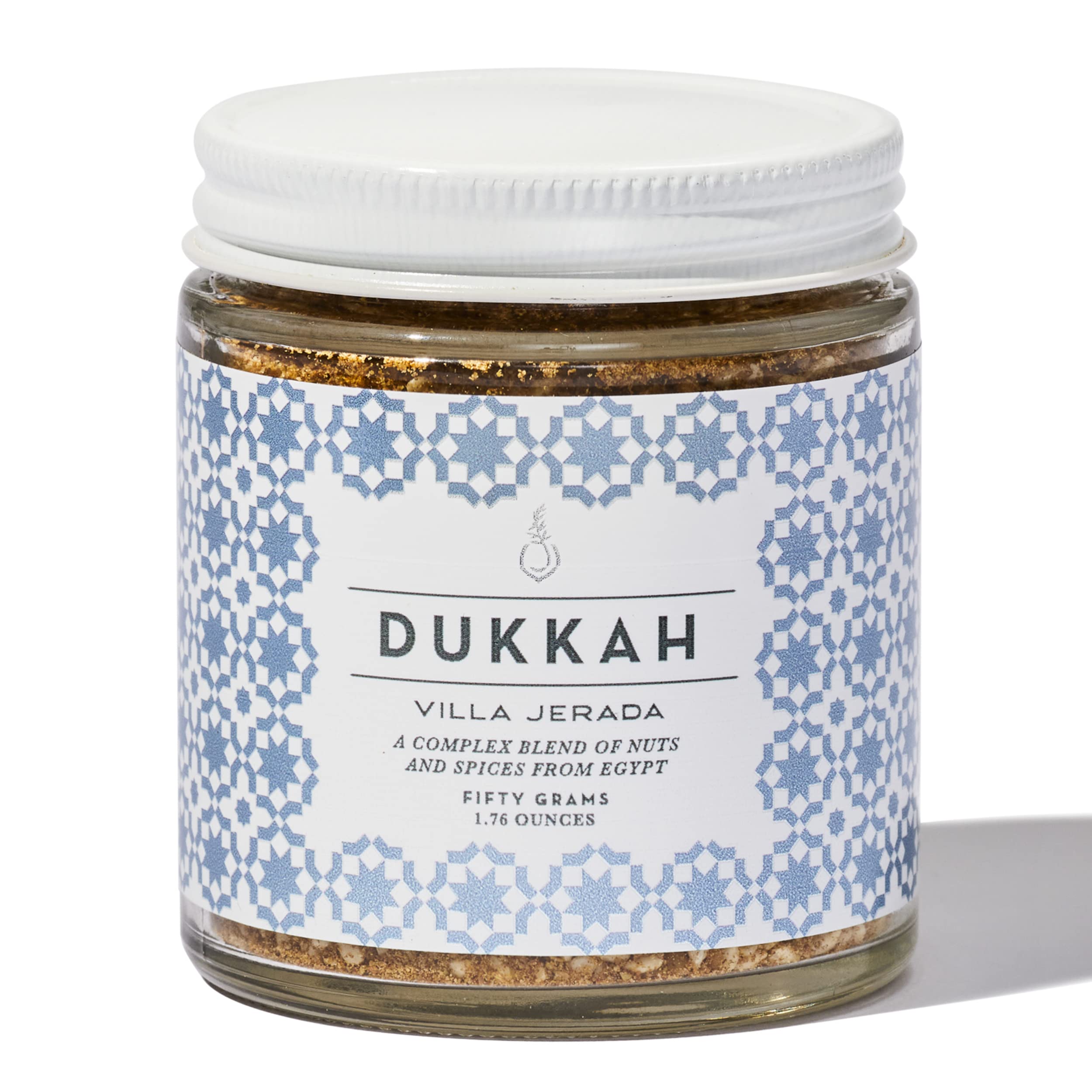 Villa Jerada Dukkah jar front view, premium spice blend for everyday meals.