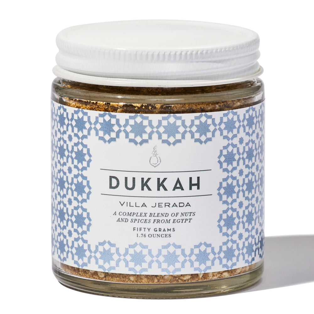 Villa Jerada Dukkah jar front view, premium spice blend for everyday meals.