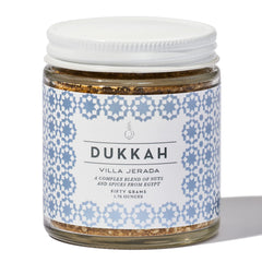 Villa Jerada Dukkah jar front view, premium spice blend for everyday meals.