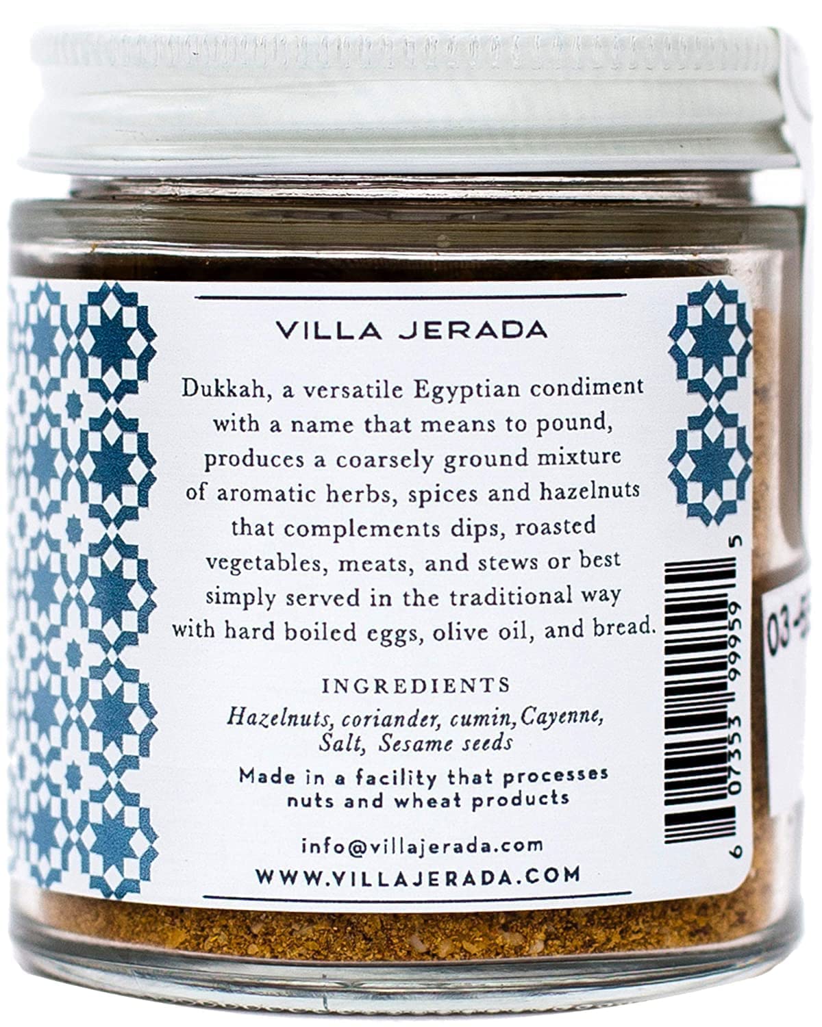 Gift-ready packaging of Villa Jerada Dukkah 1.76 oz jar.