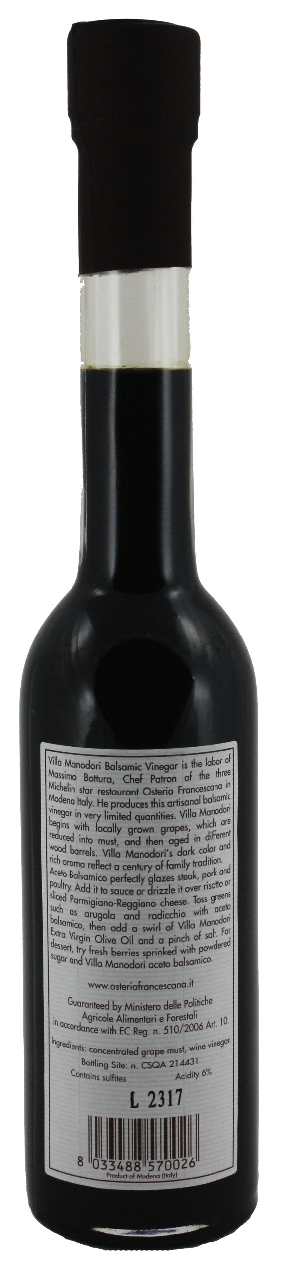 Villa Manodori balsamic vinegar pour spout image, great for drizzle on plated dishes.