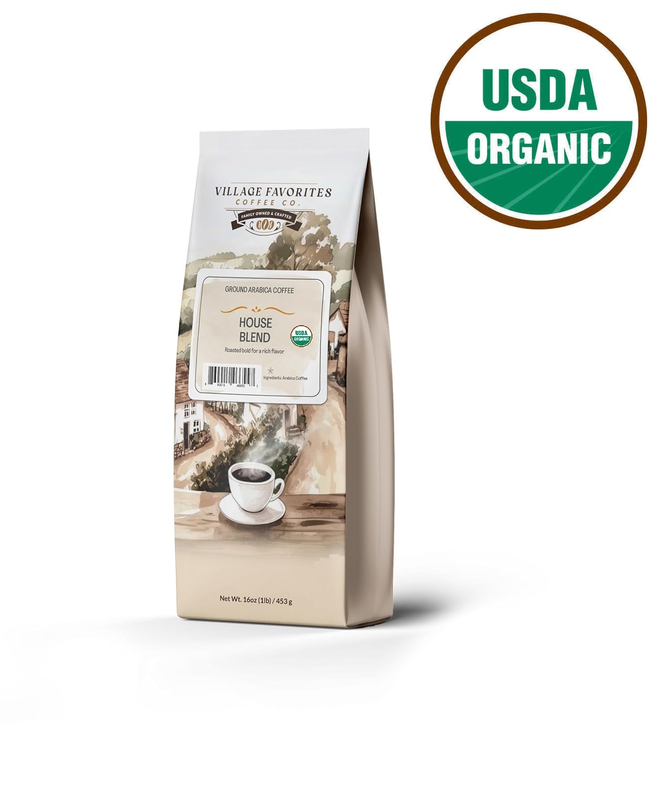 Village Favorites Arabica beans close-up highlighting chocolatey notes and balanced body.