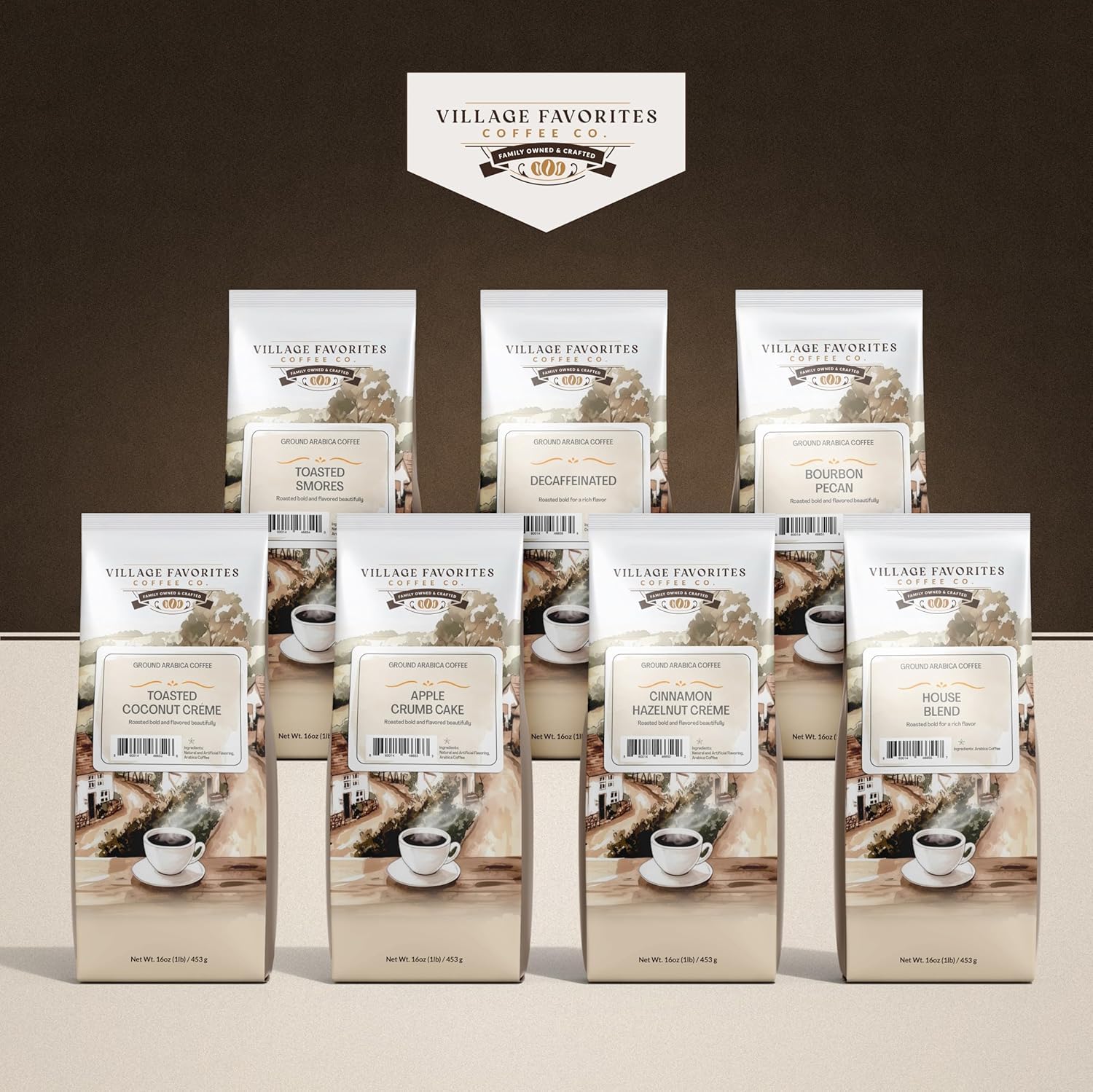 Village Favorites Ground Coffee 1lb ready for drip, pour-over, or French press.