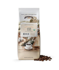 Village Favorites House Blend bag with premium Arabica beans for a smooth, low-acid cup.