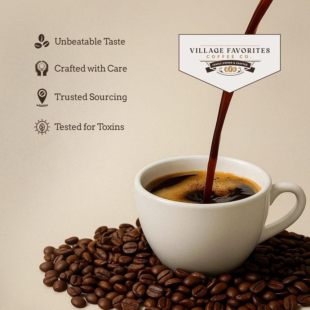 Village Favorites Low Acid Coffee cup showing gentle taste ideal for easy mornings.