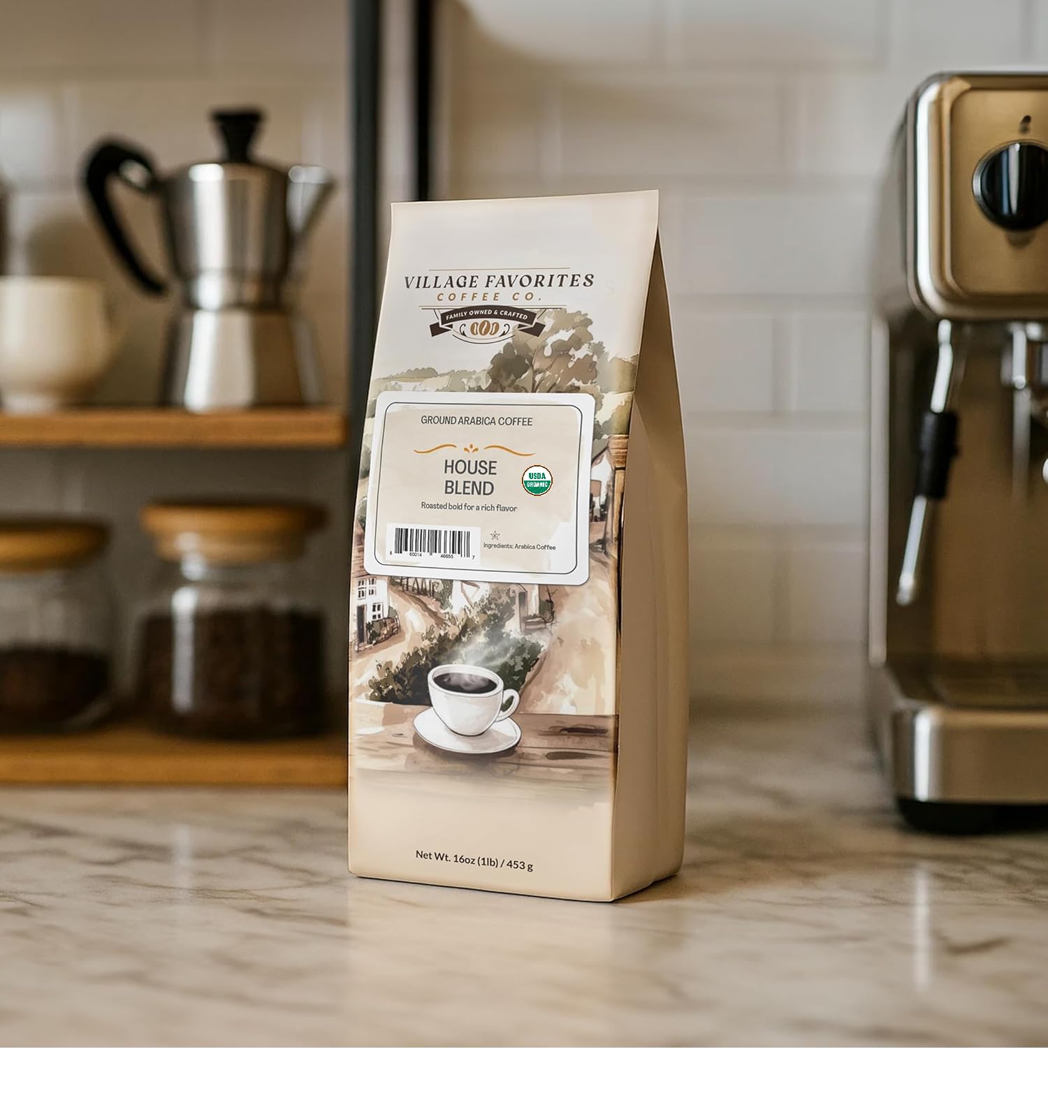 Village Favorites Mold-Free Label signaling safe storage and fresher brews.
