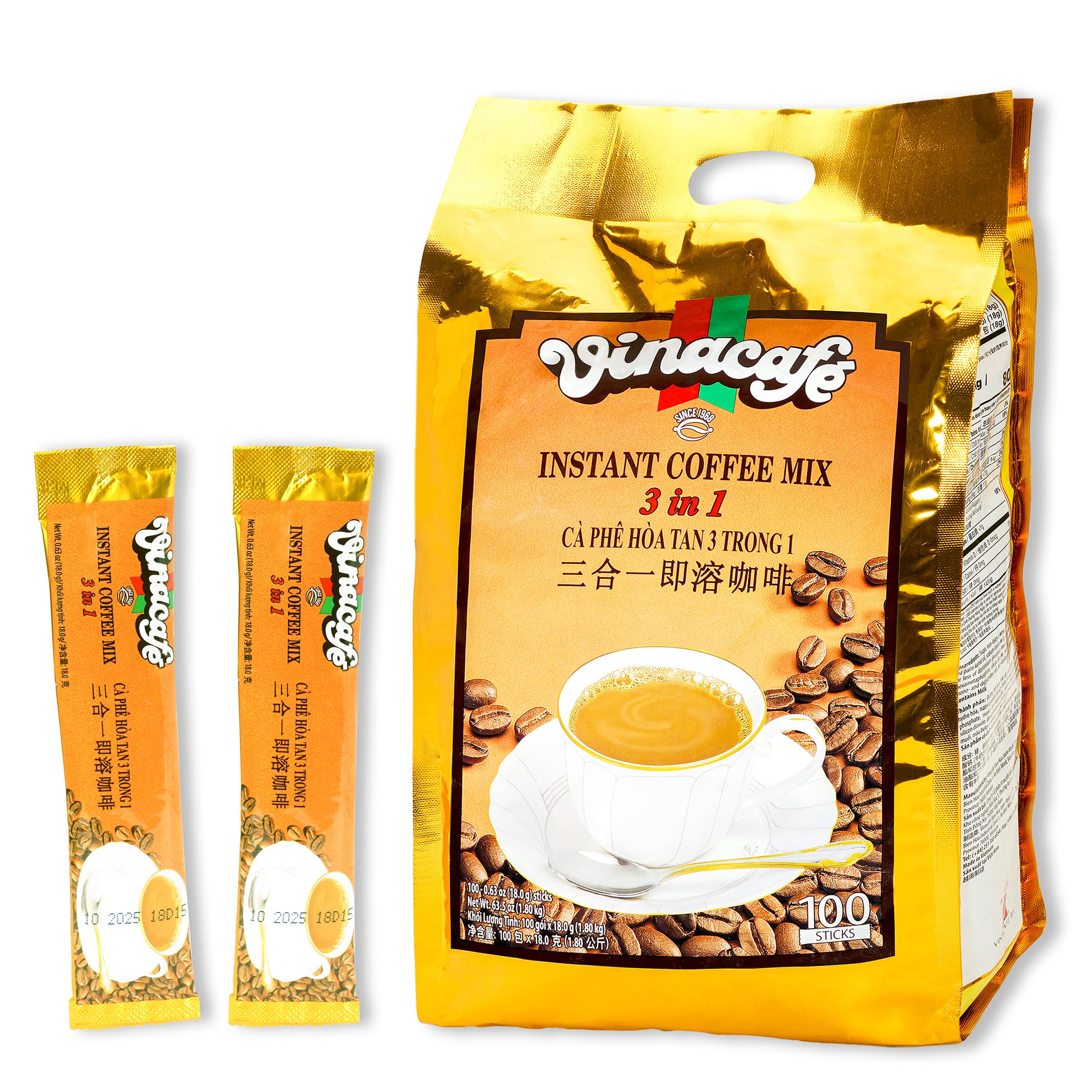 Vinacafe 3in1 instant coffee pack on shelf, ready for quick, creamy brews