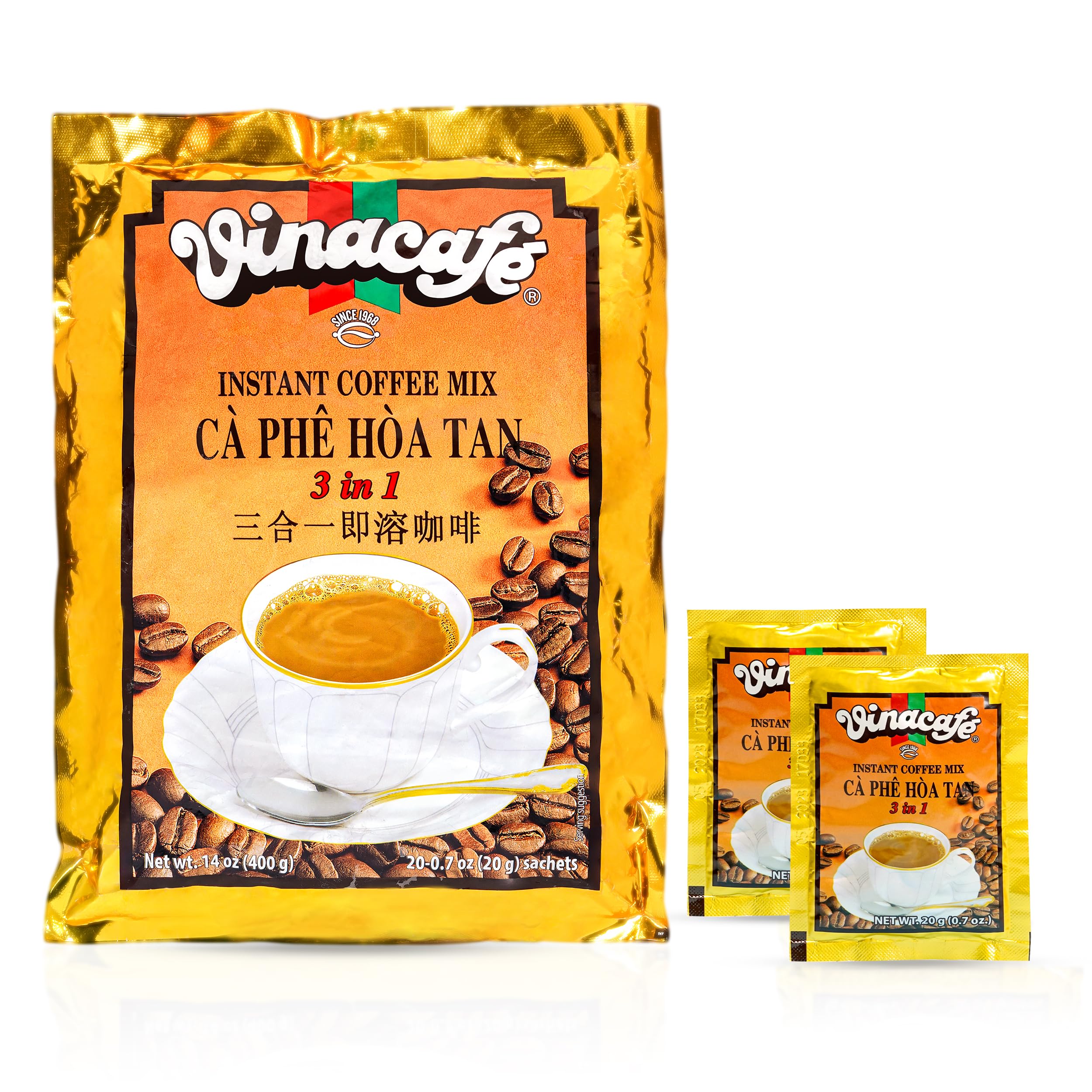 Vinacafe 3in1 instant coffee packets for quick at-home cups.