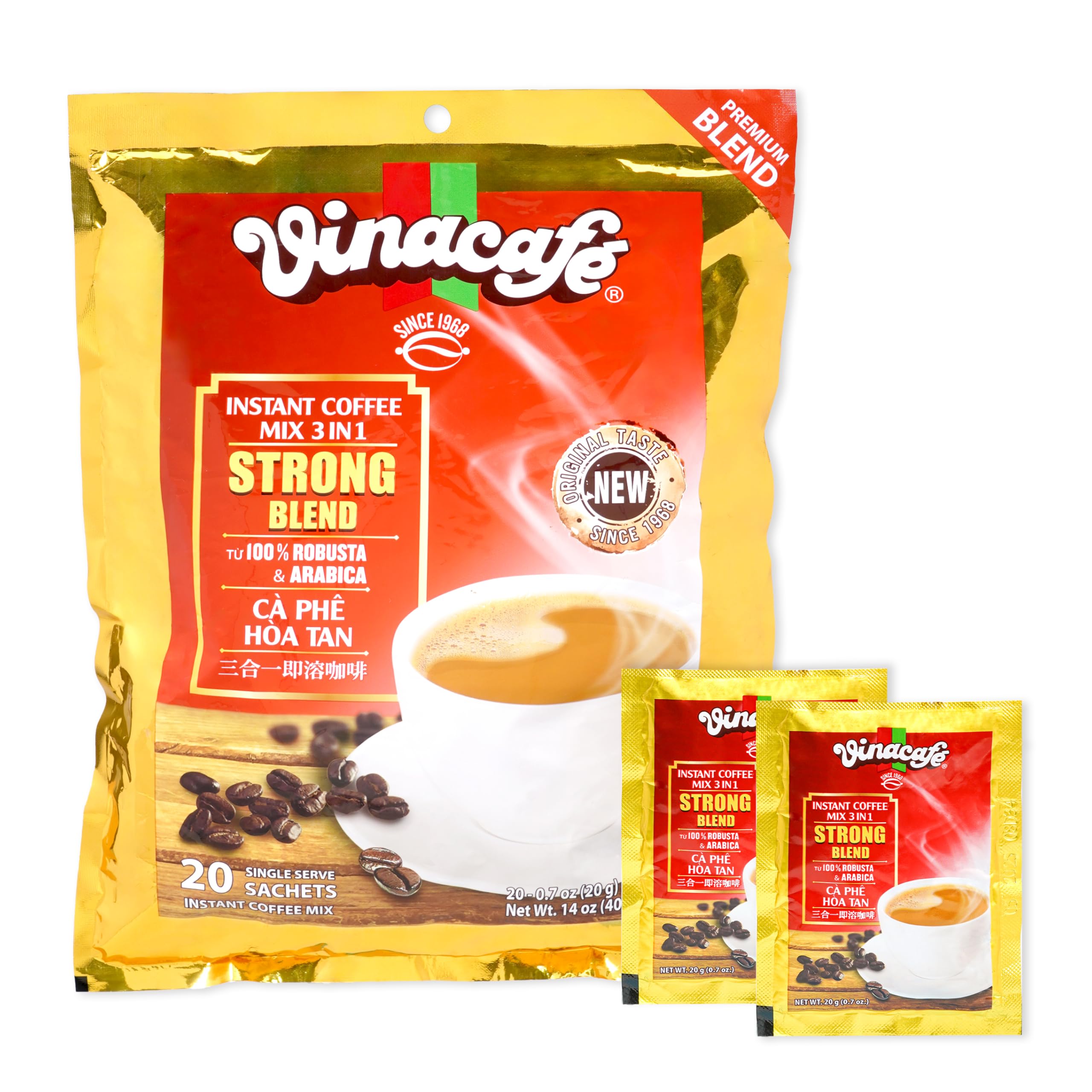 Vinacafe Gold Red Strong blend sachets in packaging for quick, bold mornings.