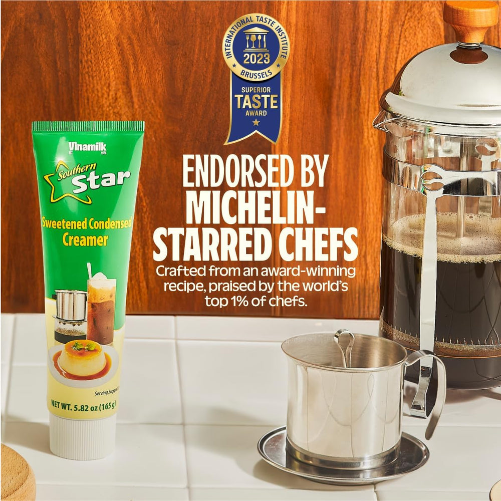 Vinamilk condensed creamer tubes in a Vietnamese coffee shop setup for trusted flavor
