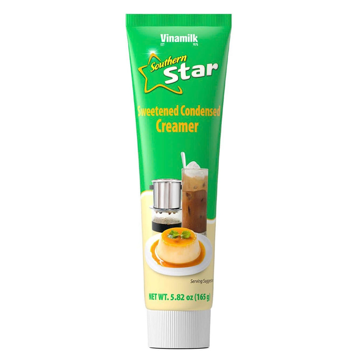 Vinamilk condensed creamer tube pouring over espresso for smoother coffee aroma