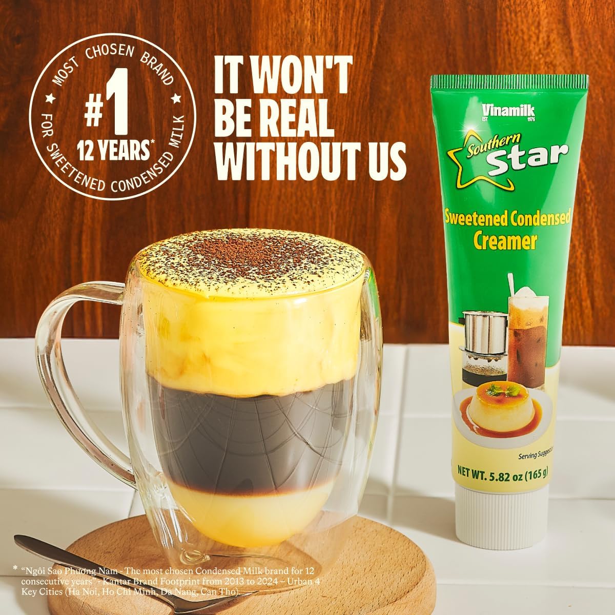 Vinamilk condensed creamer tube blended into a fruit smoothie for creaminess