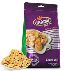 Vinamit dried banana chips bag close-up, unsweetened gluten-free snack for on-the-go.