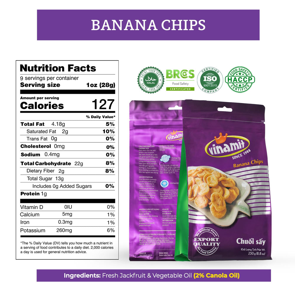 Vinamit dried banana chips slices show crispy vacuum-dehydrated texture for yogurt topping.