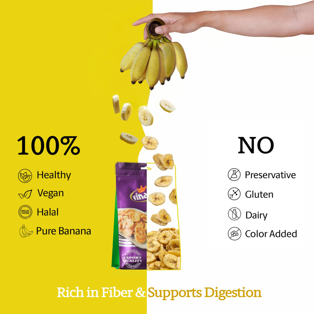 Vinamit banana chips show non-GMO and no added sugar for clean snacking.