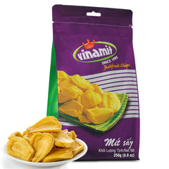 Vinamit dried jackfruit chips in bag with bright fruit notes for on-the-go snacking.